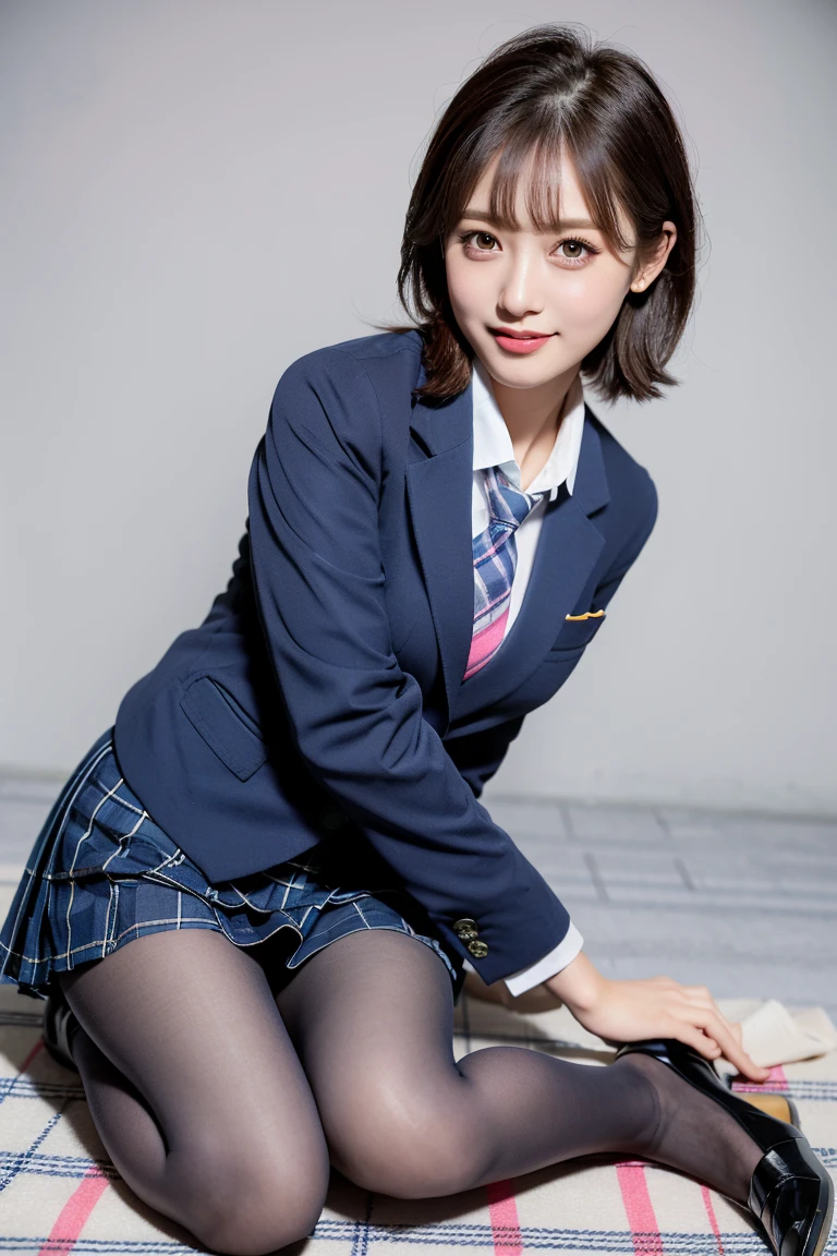 (8k), (highest quality: 1.2), (Realistic), (Realistic: 1.37), Ultra-high resolution, (1 girl), cute, smile, Mouth closed, Beautiful details, Beautiful Nose, Wet Hair, Short Bob,Giant Dulcefo, pork, Thighs，Self Snap,University uniform,simple(Navy Blue Blazer:1.2),Pleated skirt,(The skirt and tie are gray tartan check pattern.....:1.3),(Sitting:1), Sit on the ground,(Hug my feet:1),(Pink Pantyhose),from the front,knees