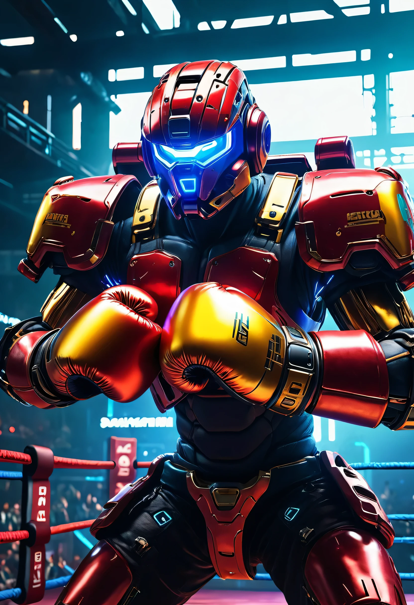 Cyberpunk style：Mecha Boxer、Boxing Match、Boxing gloves、High-tech arena、Electromagnetic lighting、Advanced cybernetic implants、Mechanical joints and pistons、Powerful punches and dynamic moves、Stunning visuals、Metallic sheen and reflection、Bright and vibrant colors、Sharp contrast between light and shadow、postapocalyptic vibes，(best quality,4k,8k,highres,masterpiece:1.2),ultra-detailed,(realistic,photorealistic,photo-realistic:1.37),