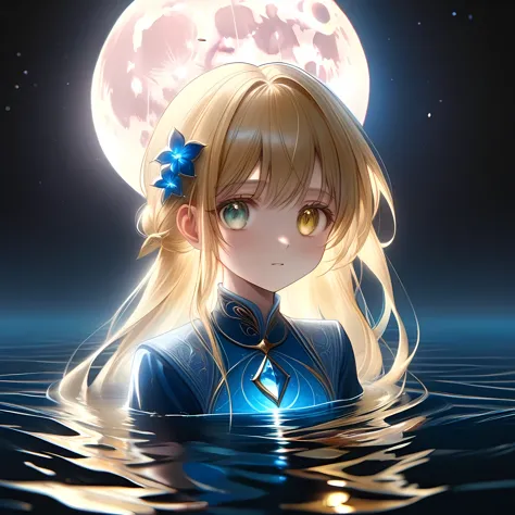 one princess standing on water, at night, the young siter taste, pale blue moon, cute face, blond semi-long hair, amber eyes, sh...