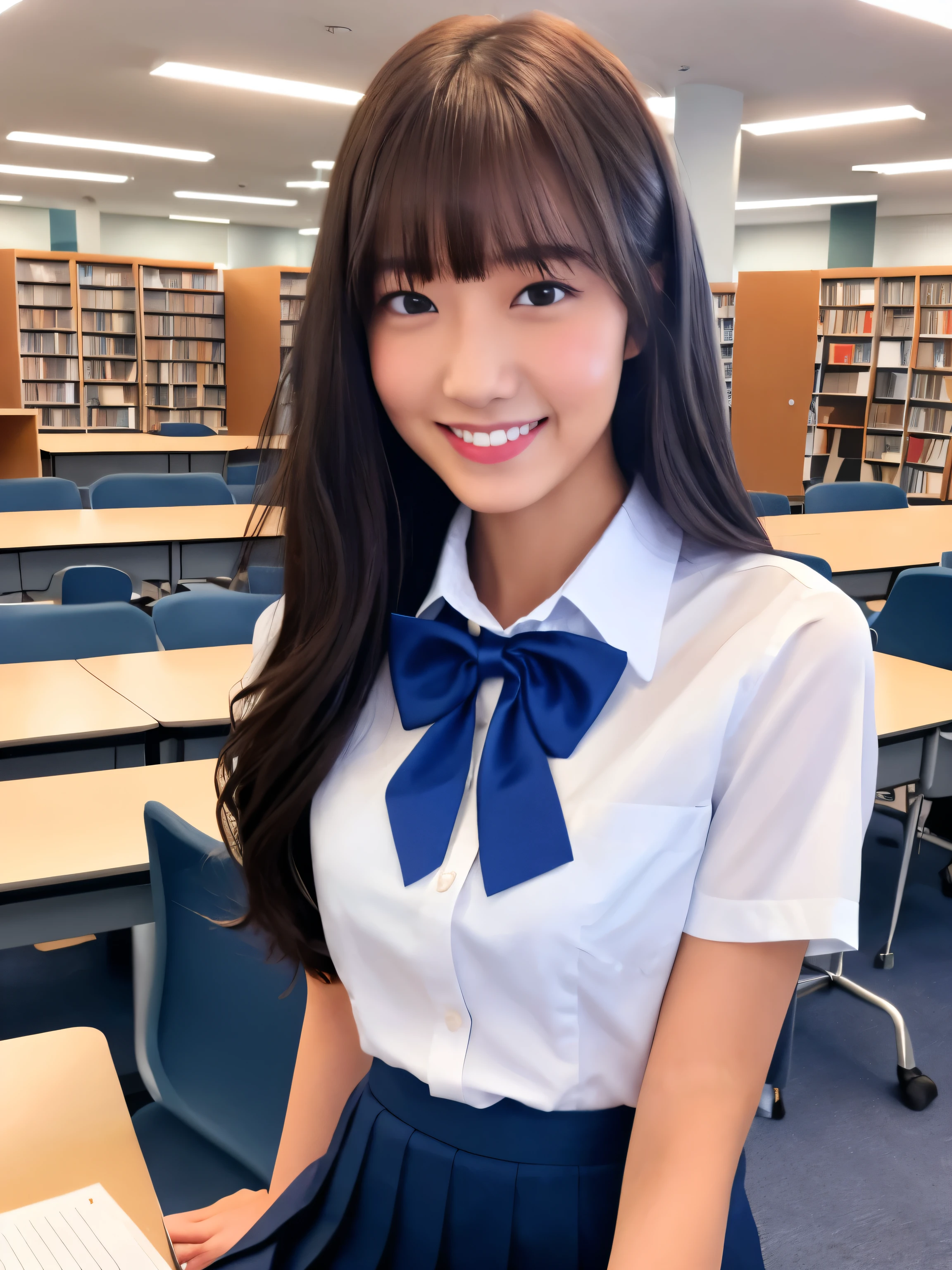 masutepiece, upperbody shot, Front view, 1 woman per 1 photo, a Japanese young pretty woman, hyper pretty face, 18 years old, studying at a desk in a library of school, A big smile, Glamorous figure, wearing a short sleeves shiny silky white collared shirt with shiny satin red plain bow tie, Glossy lips, Sweaty body, Double eyelids in both eyes, Natural makeup, long eyelashes, shiny smooth light brown hair of medium length, asymmetrical bangs, skin tanned, wearing a dark blue pleated skirt, central image, 8K resolution, high detailing, detailed hairstyle, A detailed face, spectacular movie lighting, Octane Rendering, Vibrant, A hyper-realistic, Perfect limbs, Perfect Anatomy
