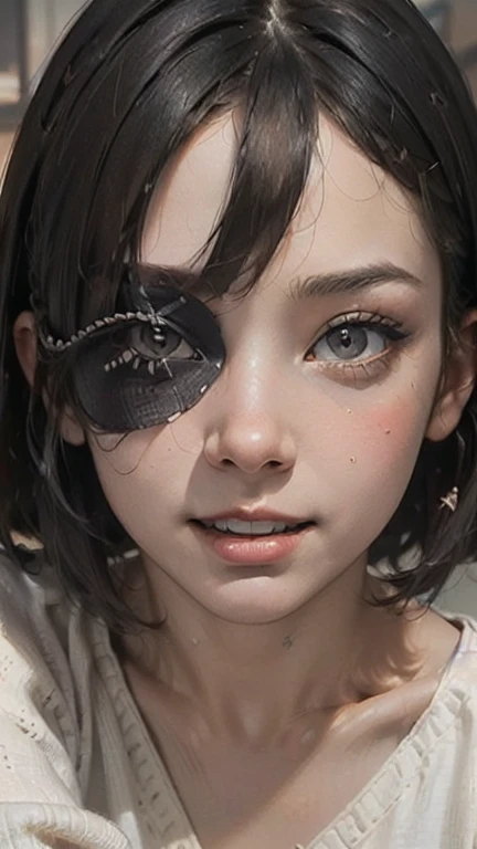 (masterpiece, highest quality, highest quality, Official Art, beautifully、aesthetic:1.2), Blindfold, alone, One girl, Open your mouth, short hair, Long sleeve, bangs, smile, Upper Body, bandage, shirt, Very detailed,Most detailed, Optical Hybrid, playful pattern, Vivid texture, Unique visual effects
