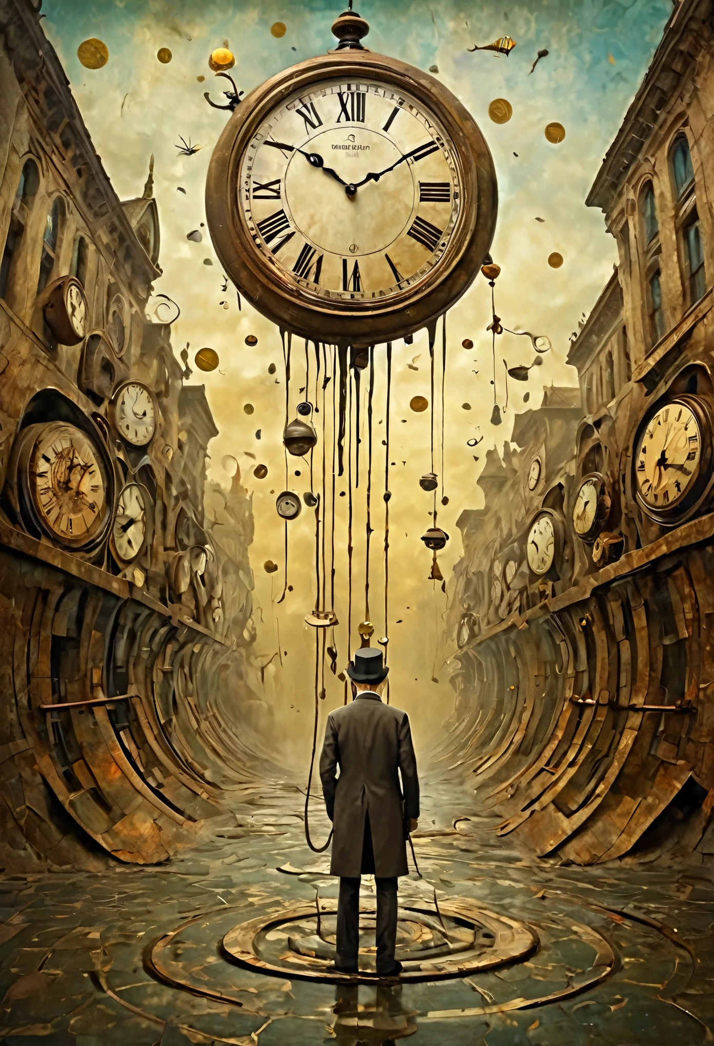Néo surréalisme, de Gabriel Pacheco et Max Ernst, réalisme magique art bizarre, surréalisme pop,une scène surréaliste d&#39;horloges fondant et se pliant lors d&#39;un accident de voyage dans le temps, avec une personne prise dans la distorsion, art fantaisiste. 