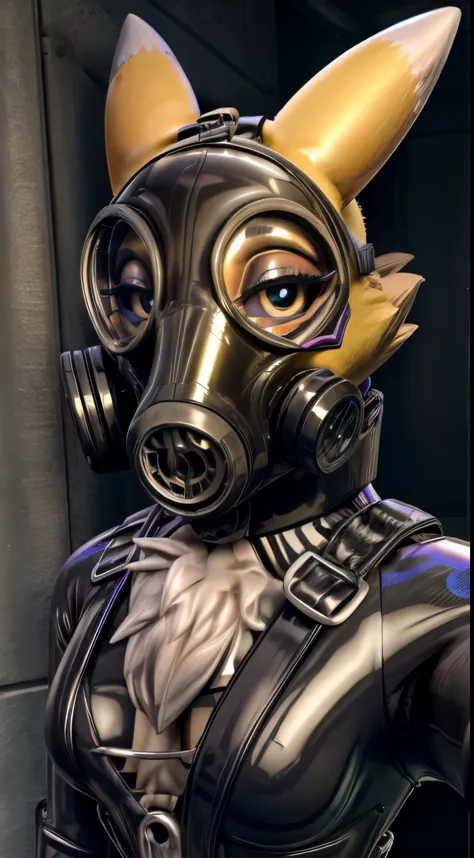 1girl, furry, solo, hd, renamon, (black latex suit), gas mask, (selfie POV), tf2pyro, bluteam, looking at viewer, latex, rubber, sweaty, blushing, perfect anatomy, (latex bodysuit), extreme close up,