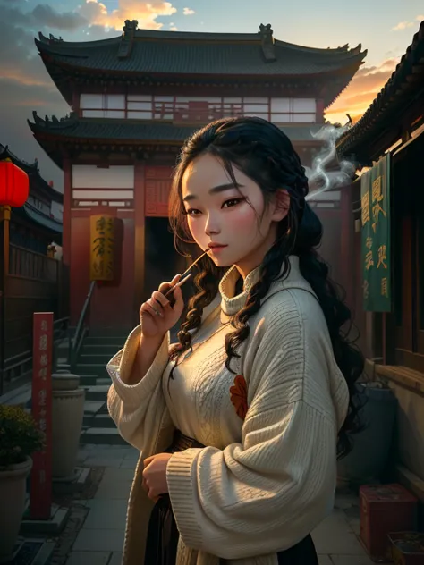 A young beautiful woman stands in front of a traditional Chinese building，Smoking a cigarette，Ethnographic beauty，The clouds in ...