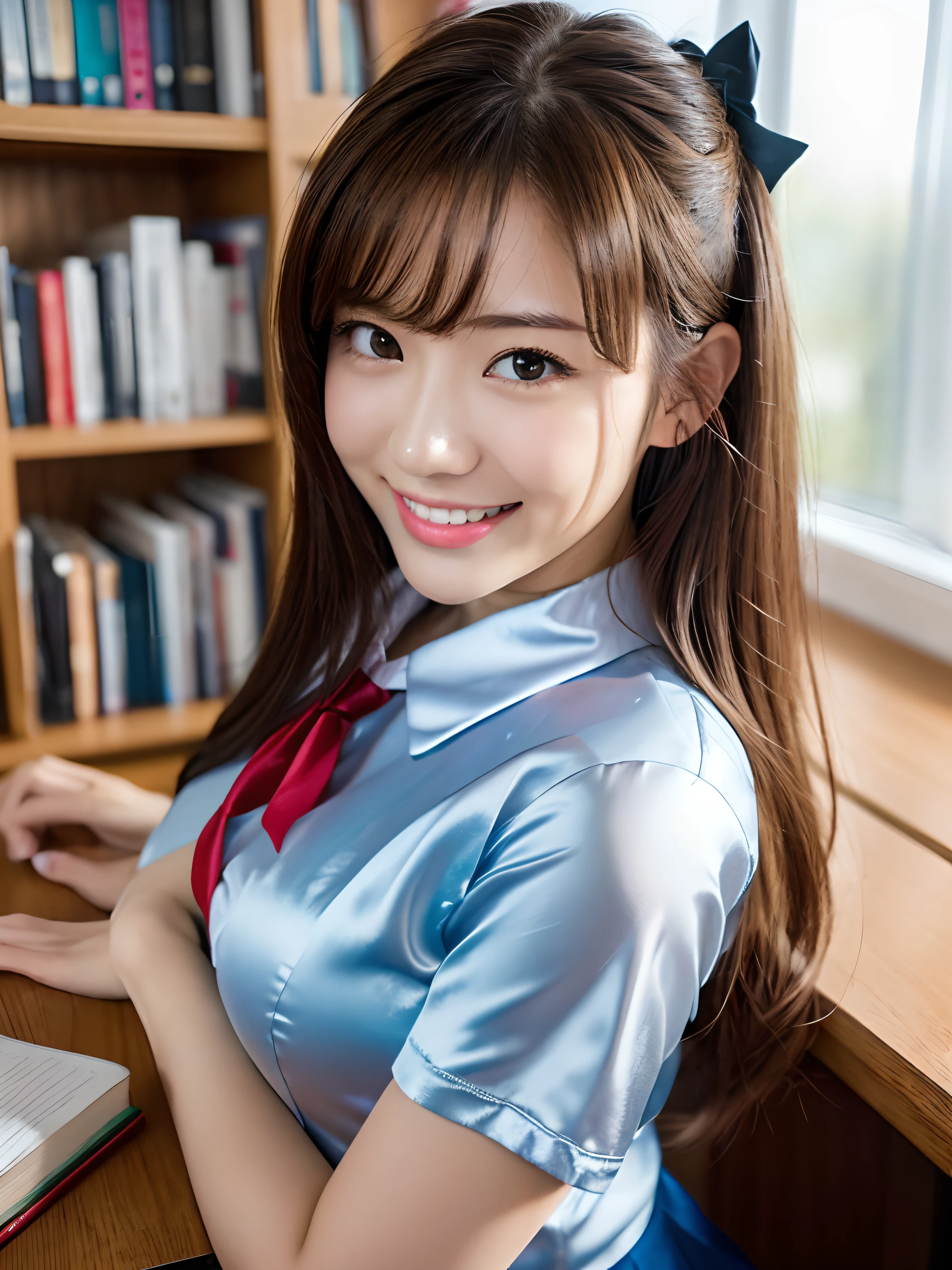 Tabletop, Upper Body Shot, Front view, One woman per photo, Young and beautiful woman in Japan, Super cute face, 18-year-old, Studying at a desk in the school library, Big smile, Attractive person, Wearing a short-sleeved shiny silk white collared shirt and a shiny satin plain red bow tie, Glossy Lips, Sweaty body, Double eyelids on both eyes, Natural Makeup, Long eyelashes, Shiny, smooth, light brown medium length hair, Asymmetrical bangs, Sunburned skin, Wearing a dark blue pleated skirt, Center image, 8k resolution, Attention to detail, Detailed hairstyle, Detailed face, Great cinema lighting, Octane Rendering, Vibrant, Surreal, Perfect limbs, Perfect Anatomy