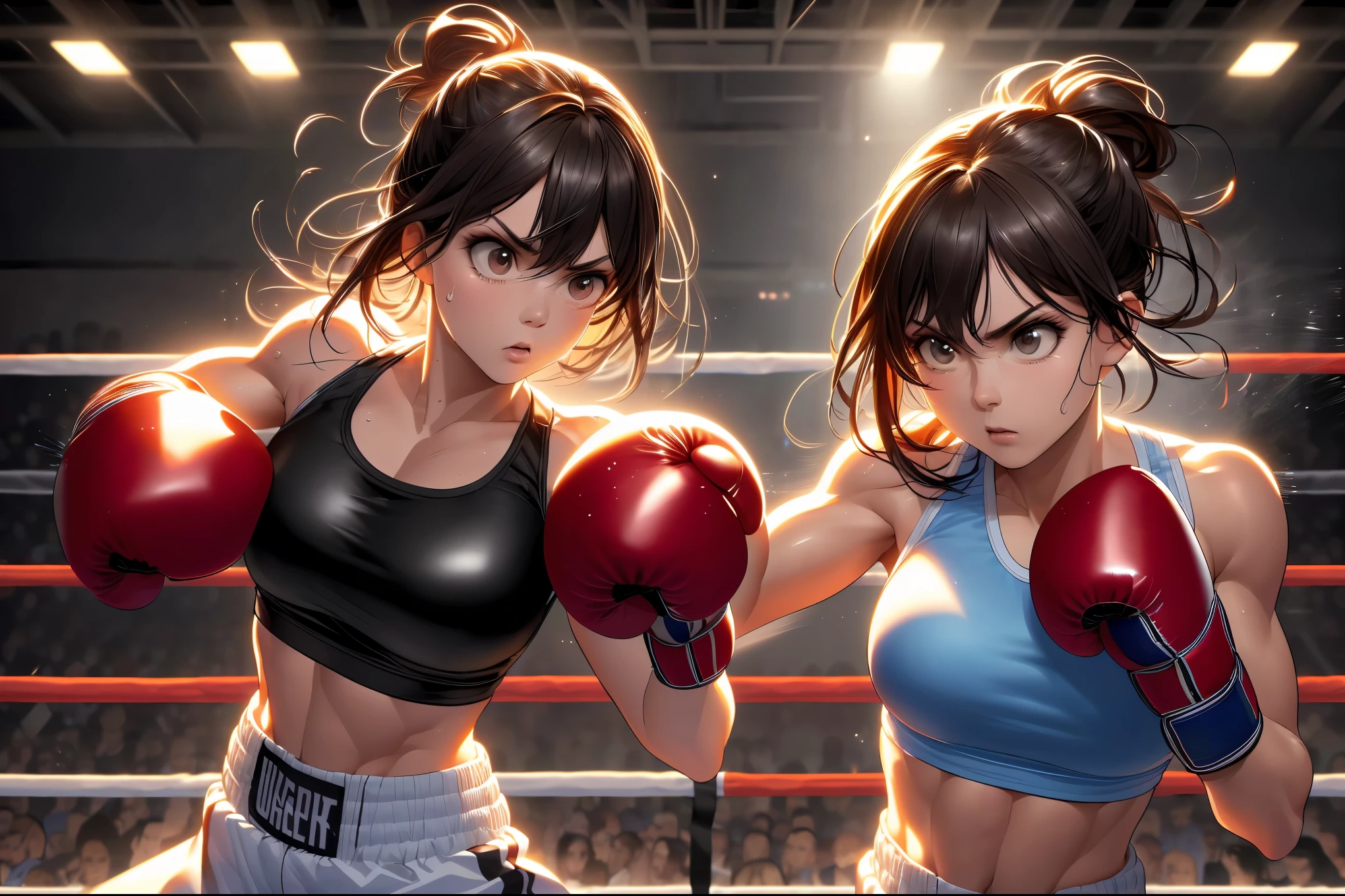 ,A boxer in a boxing ring,sweat,detailed muscle definition,power,intense,focus,boxing gloves,fast-paced,high adrenaline,concentration,(best quality,4k,8k,highres,masterpiece:1.2),ultra-detailed,(realistic,photorealistic,photo-realistic:1.37),HDR,UHD,studio lighting,professional,vivid colors