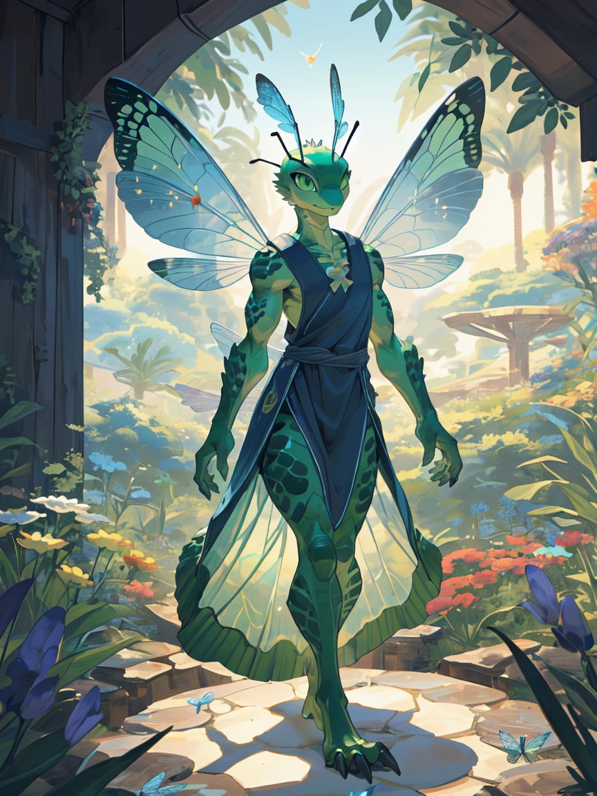 masterpiece, best quality, Perfect anatomical structure, Bright Eyes,(Character focus:1.1), Provided by RUHU1145, via K0BIT0WANI, hairy, (trigger:0.25), male,Dragonfly Man, Insect Characters, Emerald green hard shell, Slim waist, （（Dragonfly abdomen））,exquisite muscles,Transparent Wings, Spread your wings, The sunlight refracts the light, Sculptural appearance, Emerald eyes sparkle, Antennae Tremor, Meandering pattern belly,Show your curves sideways,Clearly outline racial characteristics,Detailed overall description,Beautiful and exquisite biological image,Butterfly feathery antennae，oasis，Flowers，Cute face