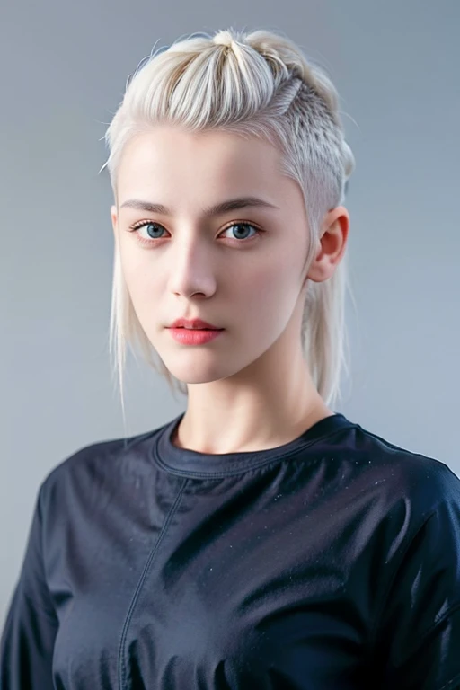 20-year-old woman, length_white_hair, Mohawk mowing, (High Top Fade:1.3), Dark Theme, Calm tone, Calm colors, High Contrast, (Natural skin texture, Hyperrealism, Soft Light, sharp)