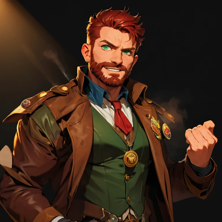 (masterpiece), 8k cg, intricate details, chromatic aberration, ((bust shot)), ((looking at viewer)), 1man, (green eyes, very short red hair, short red beard, mature, Wild West sheriff, black leather duster jacket, suit vest, cravat, badge), handsome face, strong face, kind smile, absurdres, cinematic lighting, dynamic lighting, wild west, ((dark background, fog)), wild west town, ((male)), buzzcut