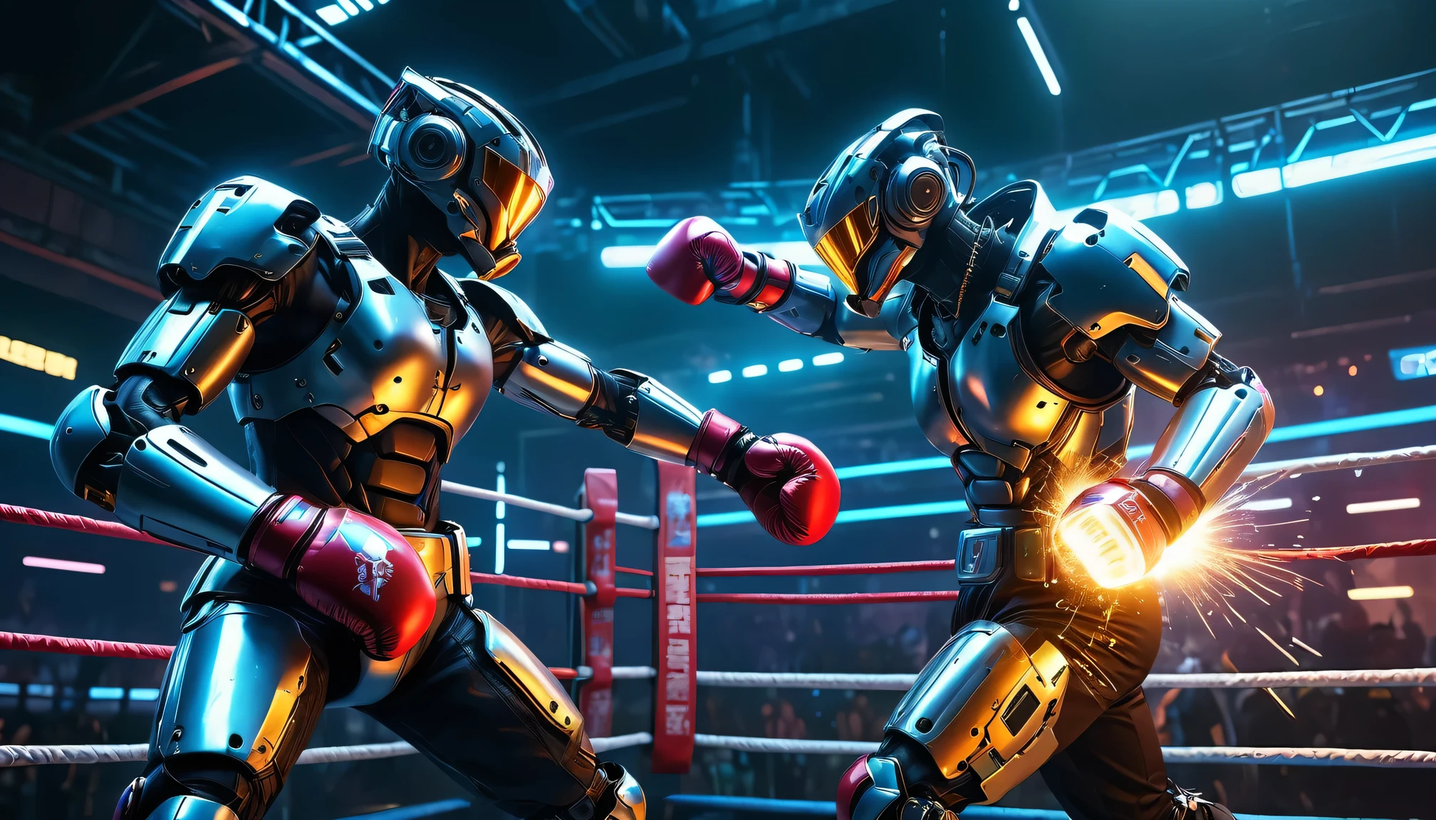 Cyberpunk style：Two mecha boxers, boxing competition、Boxing gloves、High-tech arena、Electromagnetic lighting、Advanced cybernetic implants、Mechanical joints and pistons、Powerful punch、Dynamic Action、Stunning visuals、Metallic sheen and reflection、Bright and vibrant colors、Sharp contrast between light and shadow、postapocalyptic vibes，(best quality,4k,8k,highres,masterpiece:1.2),ultra-detailed,(realistic,photorealistic,photo-realistic:1.37),
