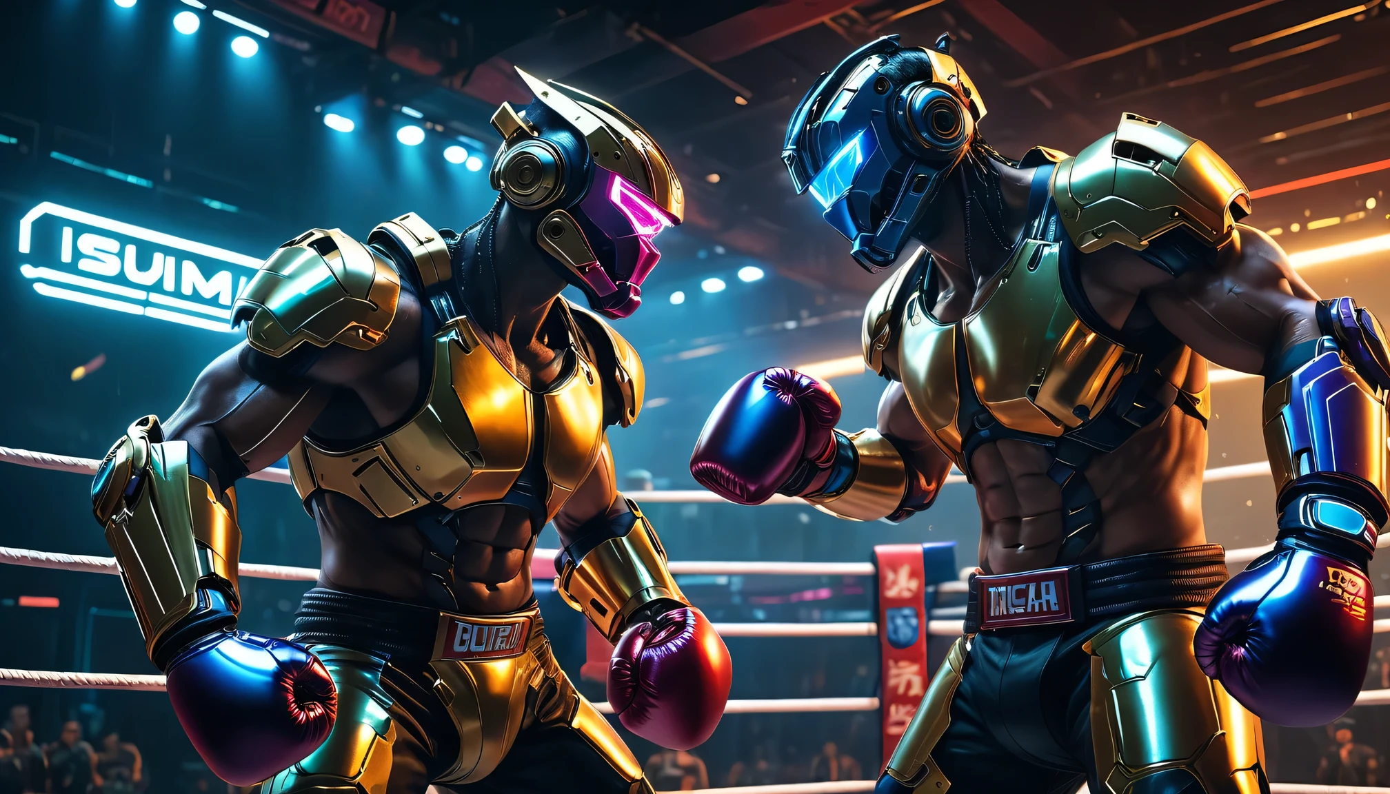 Cyberpunk style：Two mecha boxers, boxing competition、Boxing gloves、High-tech arena、Electromagnetic lighting、Advanced cybernetic implants、Mechanical joints and pistons、Powerful punch、Dynamic Action、Stunning visuals、Metallic sheen and reflection、Bright and vibrant colors、Sharp contrast between light and shadow、postapocalyptic vibes，(best quality,4k,8k,highres,masterpiece:1.2),ultra-detailed,(realistic,photorealistic,photo-realistic:1.37),