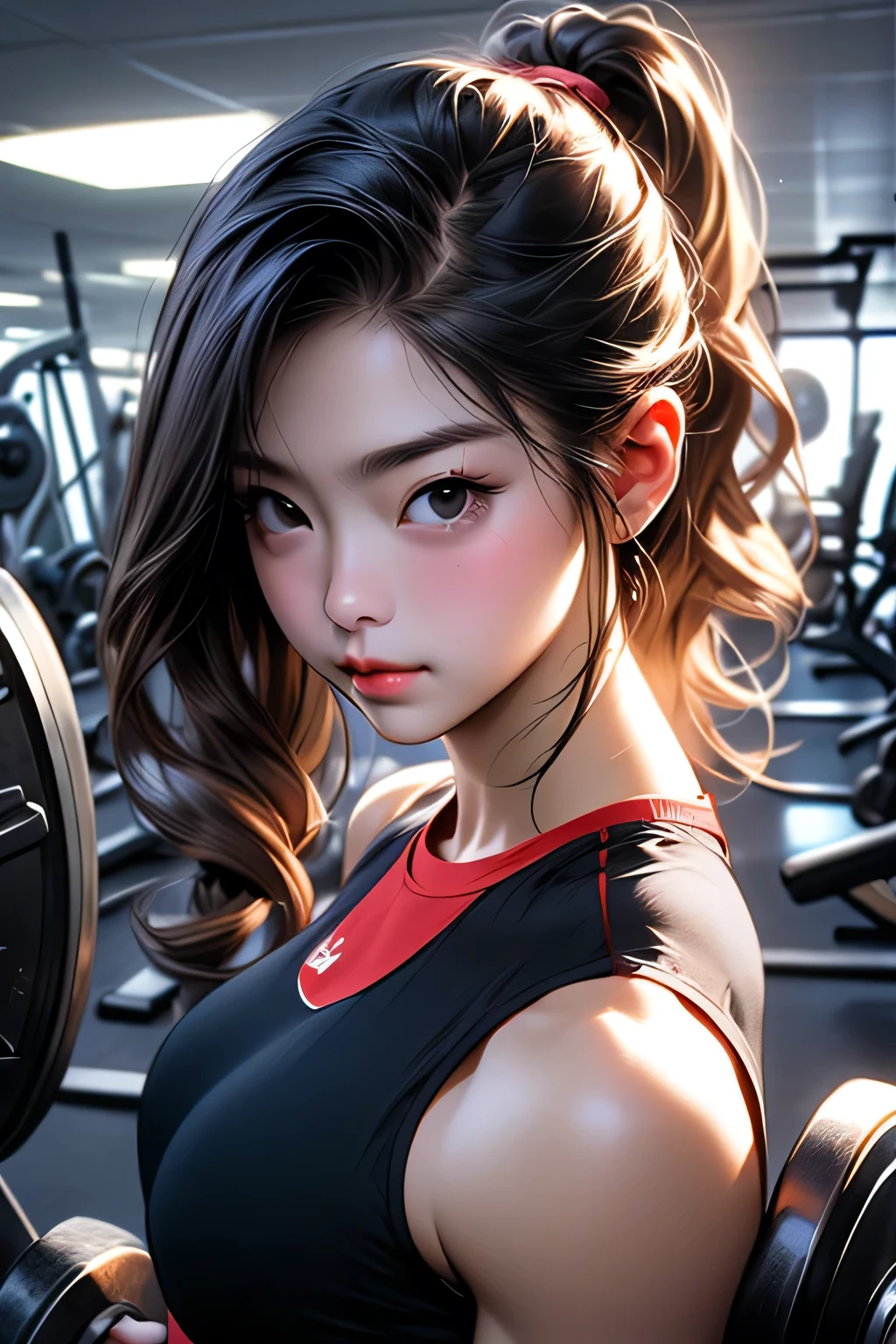 A close up of a woman holding a dumb dumbs in a gym - SeaArt AI