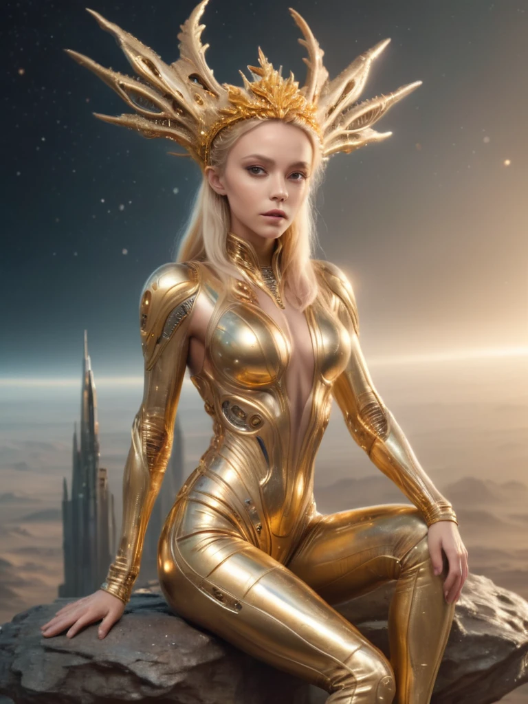 tiro de cuerpo completo, Obra maestra, de la máxima calidad, (Realista:1.4), Hermosa foto de mujer rubia, Usando ropa dorada de piel alienígena, Corona de piel alienígena dorada, Trono futurista, 