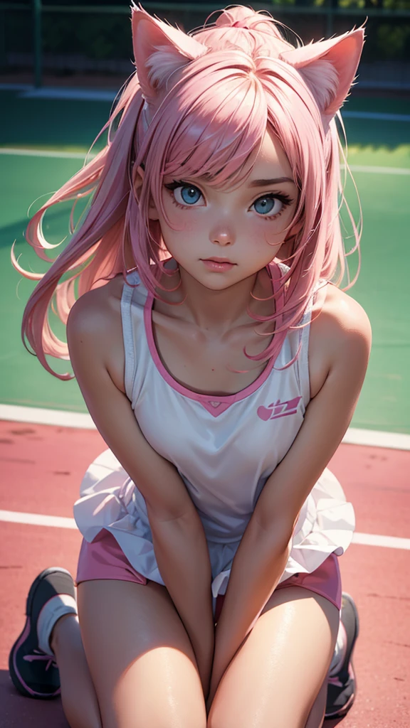 (high resolution, upper body, soft skin:1.2),(best illustration,masterpiece:1.2),ultra-detailed,[(cat ears ,pink inside:1.2),vivid colors,sharp focus,portrait,studio lighting,bokeh, wearing a tennis uniform, tennis courts background, dusk, full body portrait, kneeling, back turned, from above 