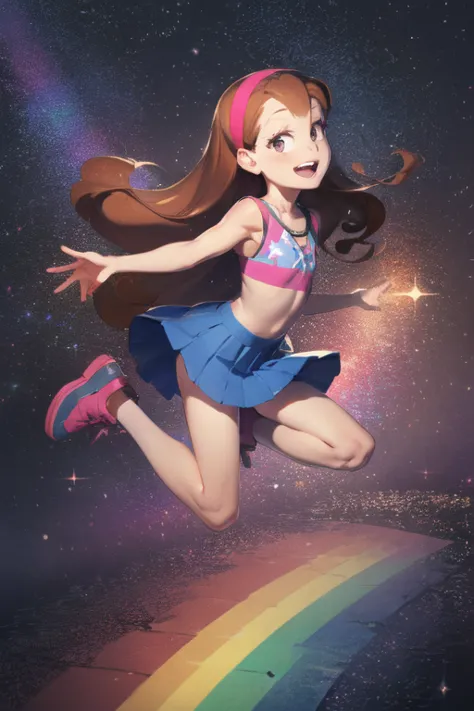 (medium:1.1), vibrate colors, mabel pines, 9yo, brown hair, long hair, hair band, flat chest, beautiful detailed eyes, beautiful...