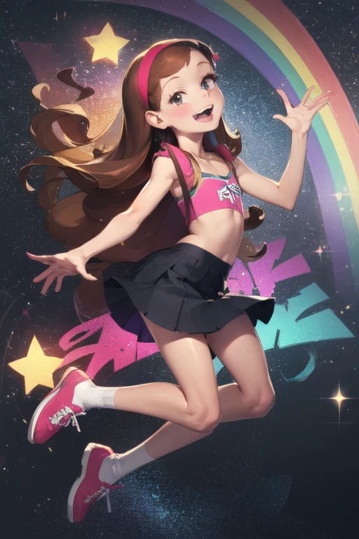 (medium:1.1), vibrate colors, Mabel Pines, 9yo, brown hair, long hair, hair band, flat chest, beautiful detailed eyes, beautiful detailed lips, smile, braces, open mouth, sweet, skirt, shoes, star print, outdoors, Gravity Falls set, rainbow, stars, glitter