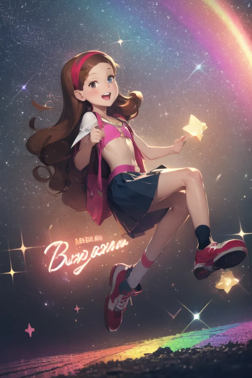 (medium:1.1), vibrate colors, Mabel Pines, 9yo, brown hair, long hair, hair band, flat chest, beautiful detailed eyes, beautiful detailed lips, smile, braces, open mouth, sweet, skirt, shoes, star print, outdoors, Gravity Falls set, rainbow, stars, glitter