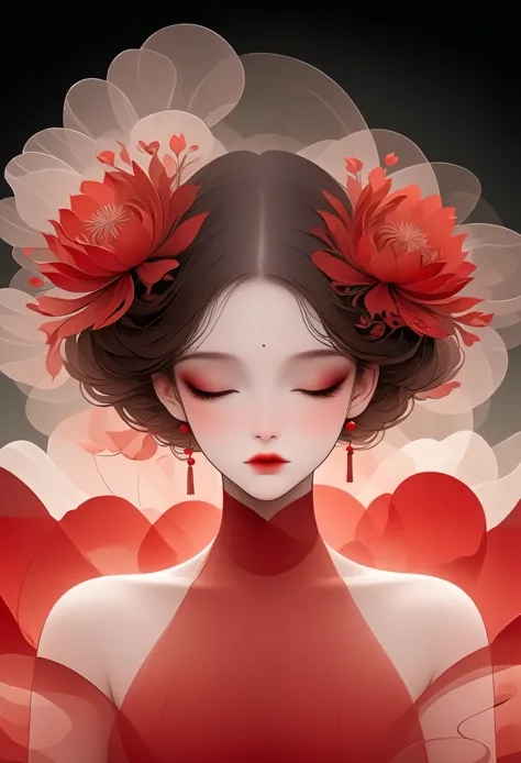 (masterpiece, best quality:1.2), 1 girl, Solitary,Pretty Face，Red Lipoism Art Nouveau，Illustration style，Black and red，Flowers