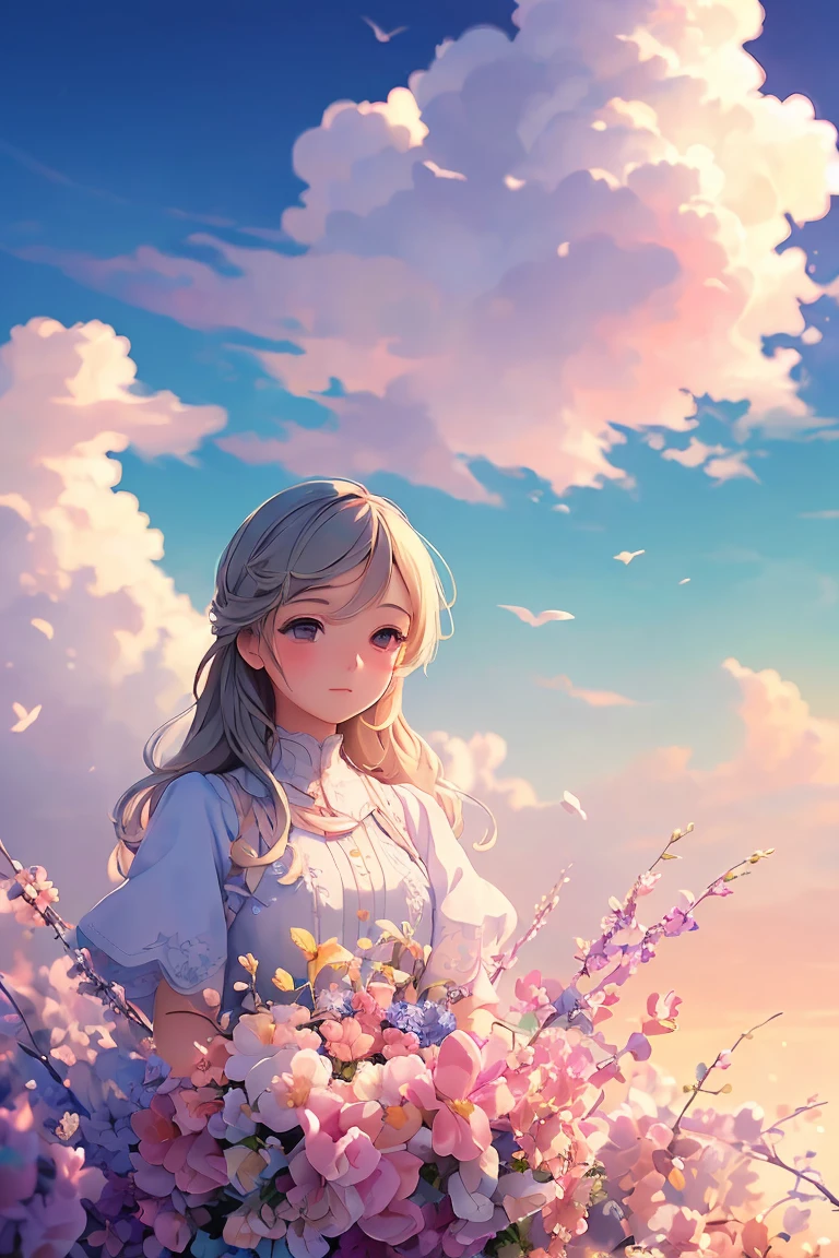 ( Extremely detailed, Best details, Official Art, Beauty and aesthetics: 1.2), Depth of written border, composition, whole body, (a bit), (Beautiful and detailed: 1.3), (wonderful:1), Colorful clouds blurred background,1girl,