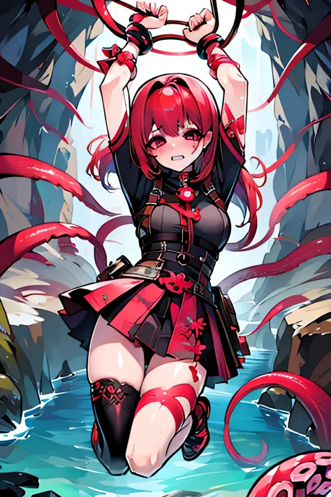 A beautiful woman wrapped in tentacles, with the tentacles stripping her of her clothes、Constraints、controlled、lift、Crying face、Red cheeks、Pink Hair、Long Hair、Pink Eyes、Genshin Impact、Short skirt、Large Breasts