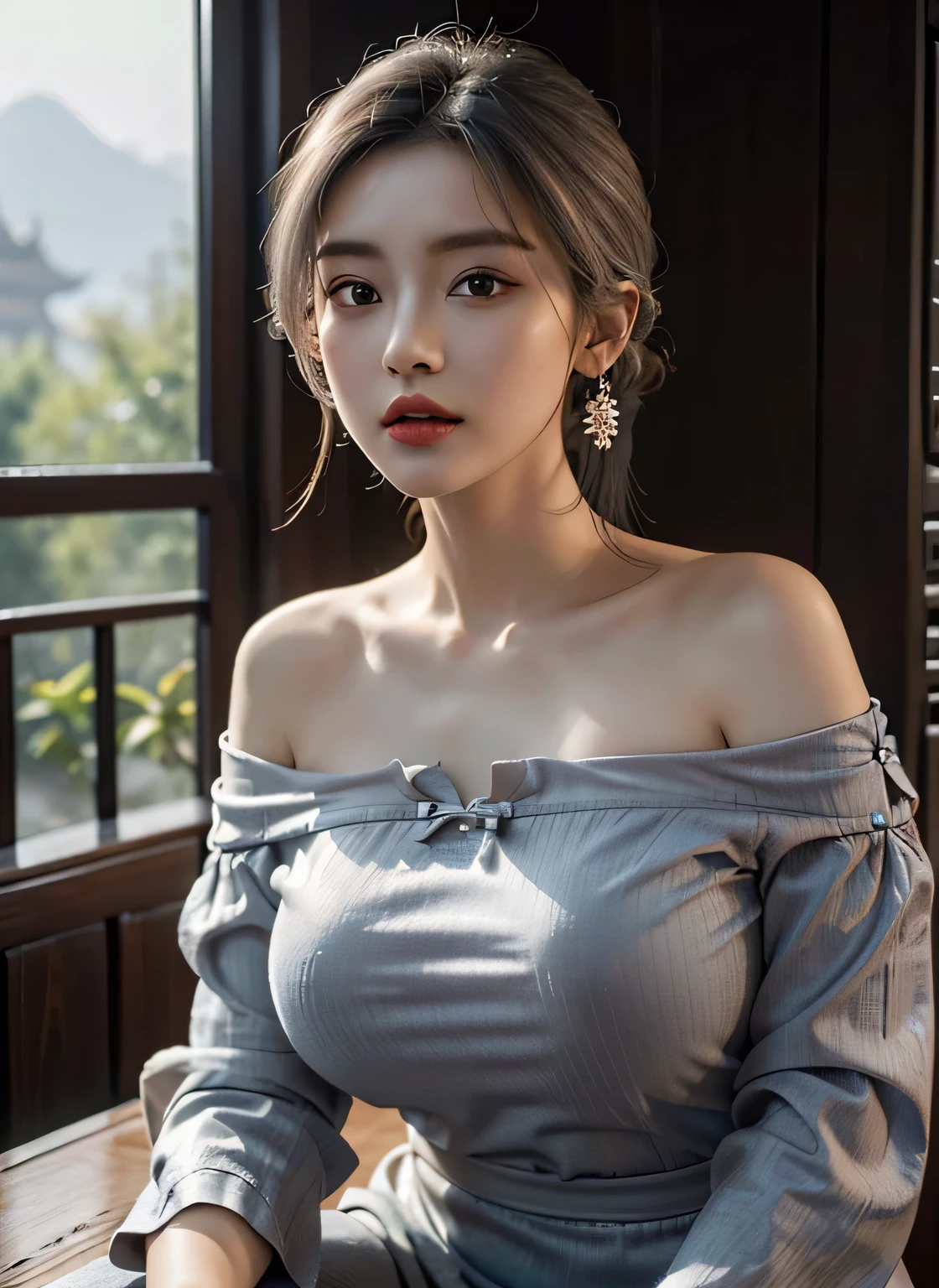 best quality, masterpiece, ultra high res, (photorealistic:1.4), 1girl, off-shoulder shirt, ((traditional chinese dress:1)), (faded ash gray hair:1), (huge breasts:1.2), looking at viewer, closeup,