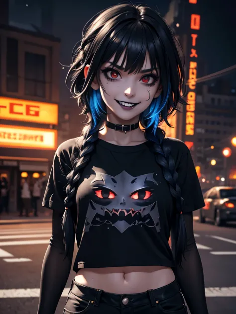 A 16 year old girl, wears (black t-shirt, tearing, ripped:1.3), pants tearing, ripped:1.3), detailed background, street, night, ...