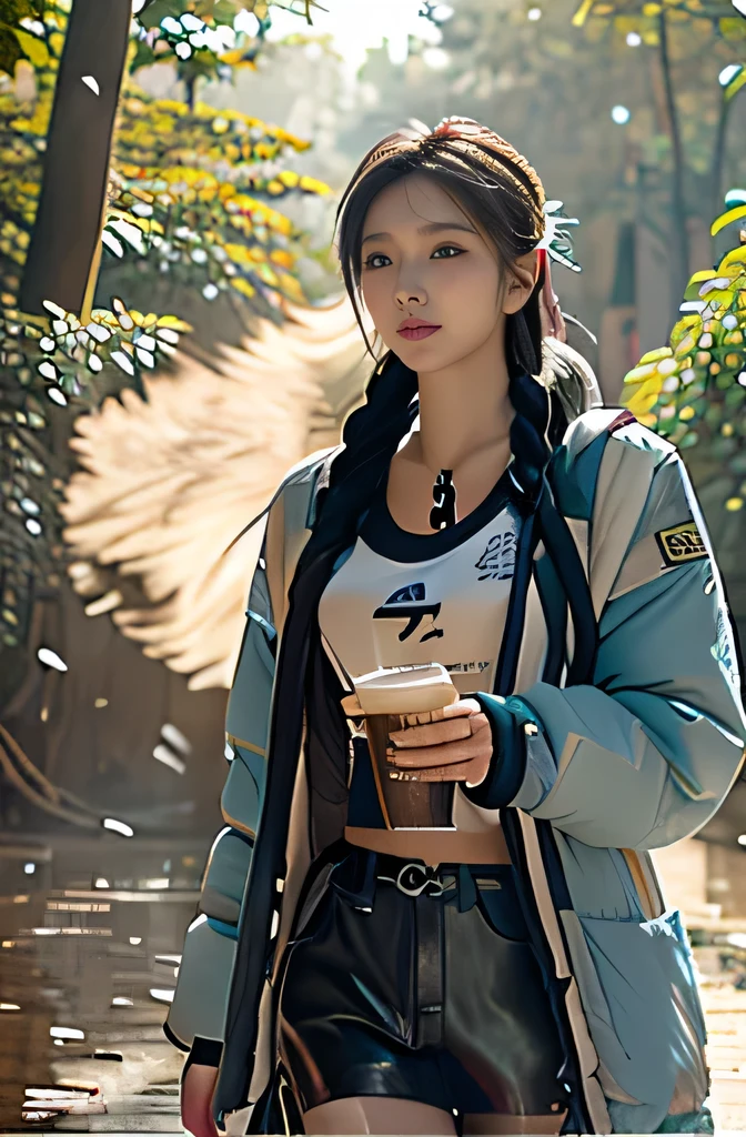 cyberpunk, female, elf, empty eyes, serious, grey hair, hair scrunchie, Down Jackets, single leg pantyhose, ice crystal texture, looking away, holding cup, zoo, rebecca (cyberpunk), (detailed light) , feather, leaves, nature, (sunlight), river, (forest),(bloom)