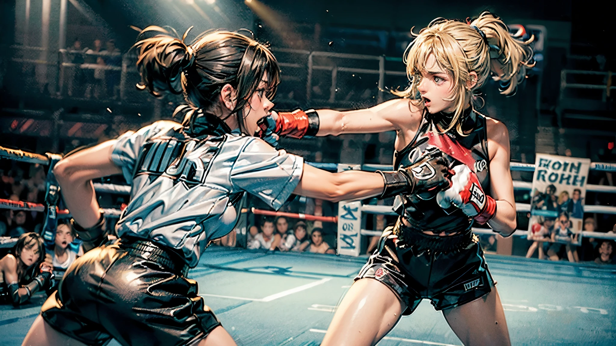 8k wallpaper of extremely detailed CG unit, ​masterpiece, hight resolution, top-quality, top-quality real texture skin,hyper realisitic, digitial painting,increase the resolution,RAW photosbest qualtiy,highly detailed,the wallpaper,two teen women,two teen women are hard pancing each other at boxing fight,2women,teen,cute,kawaii,hair floating,messy hair,blonde hair and dark hair,messy hair,pony tail hair and short hair,skin color white,eye color blue or dark,eyes shining,big eyes,breast,sports wear,angry face,punching each other,(boxing gloves),(dynamic pose:1.2),(dynamic angle:1.4),sweat, BREAK ,(motion blur on gloves:1.8),boxing ring,1boxing referee,audiences,(when drawing the hand please draw them very correctly for sure),[nsfw:2.0],