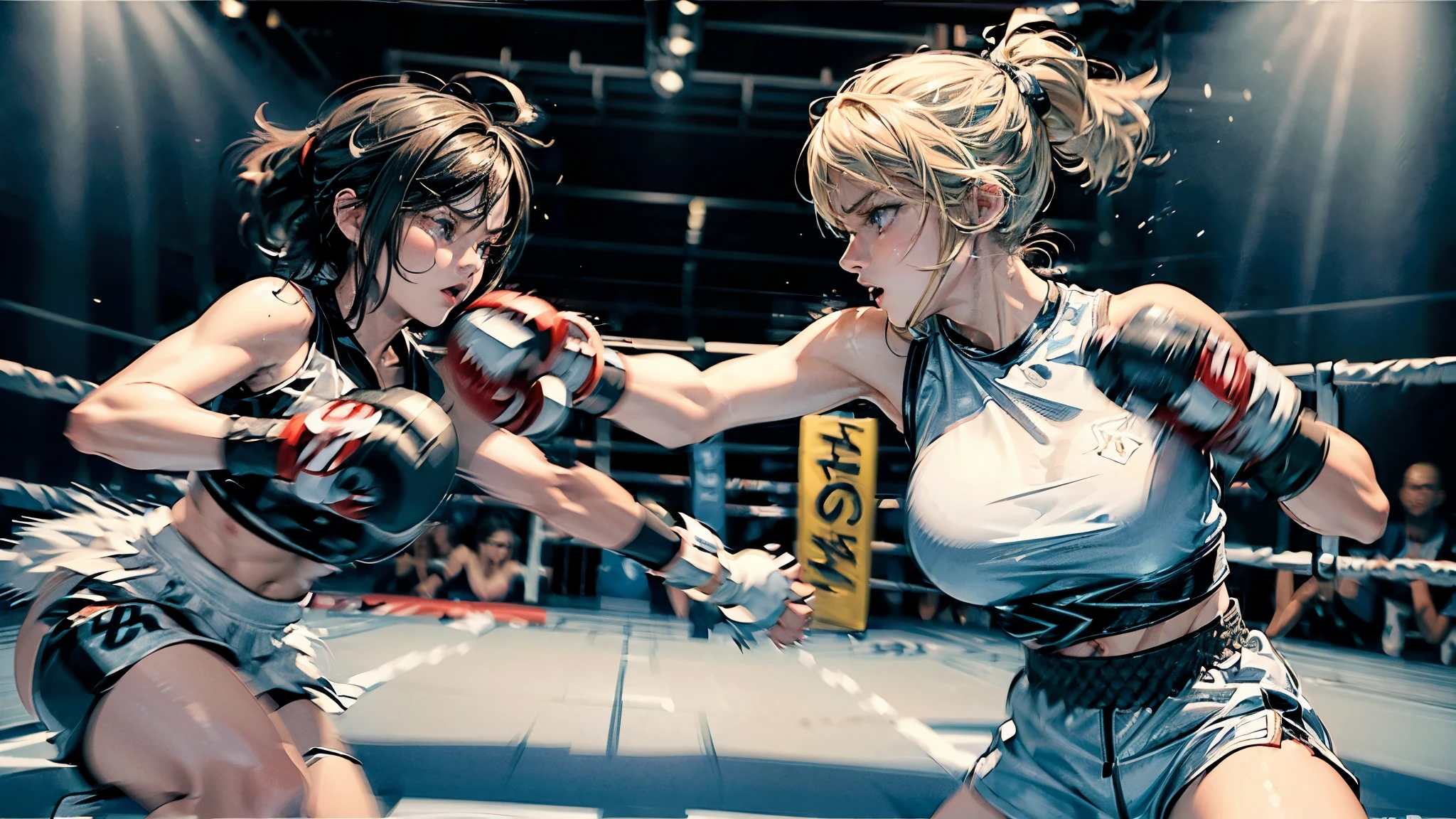 8k wallpaper of extremely detailed CG unit, ​masterpiece, hight resolution, top-quality, top-quality real texture skin,hyper realisitic, digitial painting,increase the resolution,RAW photosbest qualtiy,highly detailed,the wallpaper,two teen women,two teen women are hard pancing each other at boxing fight,1woman,teen,cute,kawaii,hair floating,messy hair,blonde hair,messy hair,pony tail hair,skin color white,eye color blue,eyes shining,big eyes,breast,sports wear,super big smile,(boxing gloves:1.6),(dynamic pose:1.4),(dynamic angle:1.8),sweat,boxing wounds on face,dirty,(gold trophy and champion belt:1.2),she is a winner of a match, BREAK ,(motion blur),boxing ring,1boxing referee,1trainer,audiences,[nsfw:2.0],