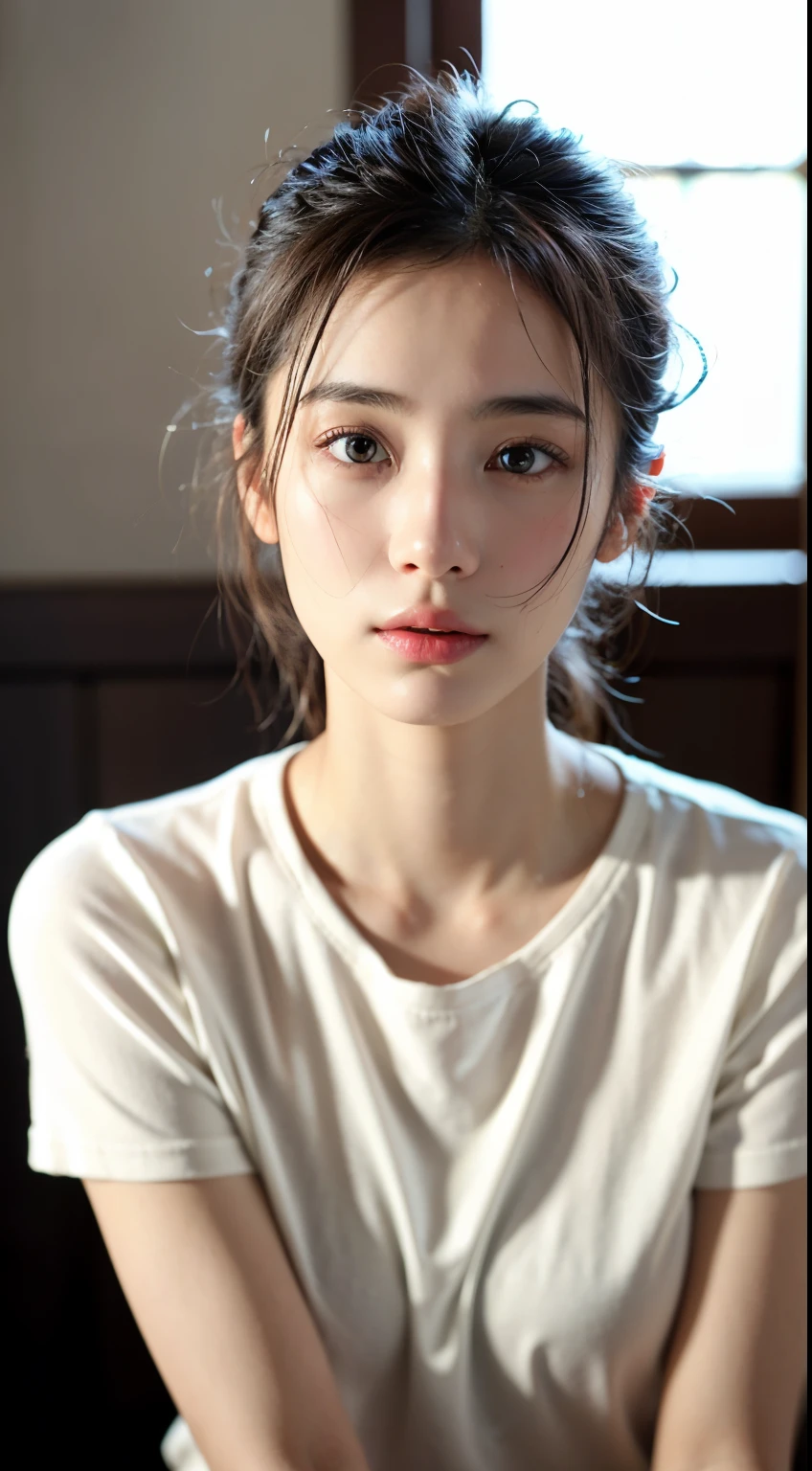 Wear, (photo Practical:1.4), (hyper Practical:1.4), (Practical:1.3), (Smoother lighting:1.05), (Improve movie lighting quality:0.9), 32k, 1 Girl,20 year old girl, Practical lighting, Backlight, There is light on the face, Ray Tracing, (Bright Lights:1.2), (quality improvement:1.4), (Highest quality real texture skin:1.4), Delicate eyes, Delicate face, Exquisite eyes, (Tired, sleepy and satisfied:0.0), Close-up of face, t-shirt, (Increase body line emotions:1.1), (Enhance Skin Texture Beauty:1.1)