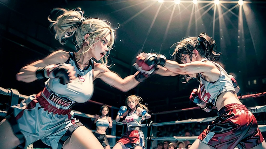 8k wallpaper of extremely detailed CG unit, ​masterpiece, hight resolution, top-quality, top-quality real texture skin,hyper realisitic, digitial painting,increase the resolution,RAW photosbest qualtiy,highly detailed,the wallpaper,two teen women,two teen women are hard pancing each other at boxing fight,2women,teen,cute,kawaii,hair floating,messy hair,blonde hair and dark hair,messy hair,pony tail hair and short hair,skin color white,eye color blue or dark,eyes shining,big eyes,breast,sports wear,angry face,punching each other,(boxing gloves:1.4),(dynamic pose:1.6),(dynamic angle:1.8),sweat, BREAK ,(motion blur on gloves:1.8),boxing ring,1referee,audiences,[nsfw:2.0],
