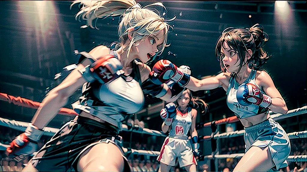 8k wallpaper of extremely detailed CG unit, ​masterpiece, hight resolution, top-quality, top-quality real texture skin,hyper realisitic, digitial painting,increase the resolution,RAW photosbest qualtiy,highly detailed,the wallpaper,two teen women,two teen women are hard pancing each other at boxing fight,2women,teen,cute,kawaii,hair floating,messy hair,blonde hair and dark hair,messy hair,pony tail hair and short hair,skin color white,eye color blue or dark,eyes shining,big eyes,breast,sports wear,angry face,punching each other,(boxing gloves:1.4),(dynamic pose:1.6),(dynamic angle:1.8),sweat, BREAK ,(motion blur on gloves:1.8),boxing ring,1referee,audiences,[nsfw:2.0],