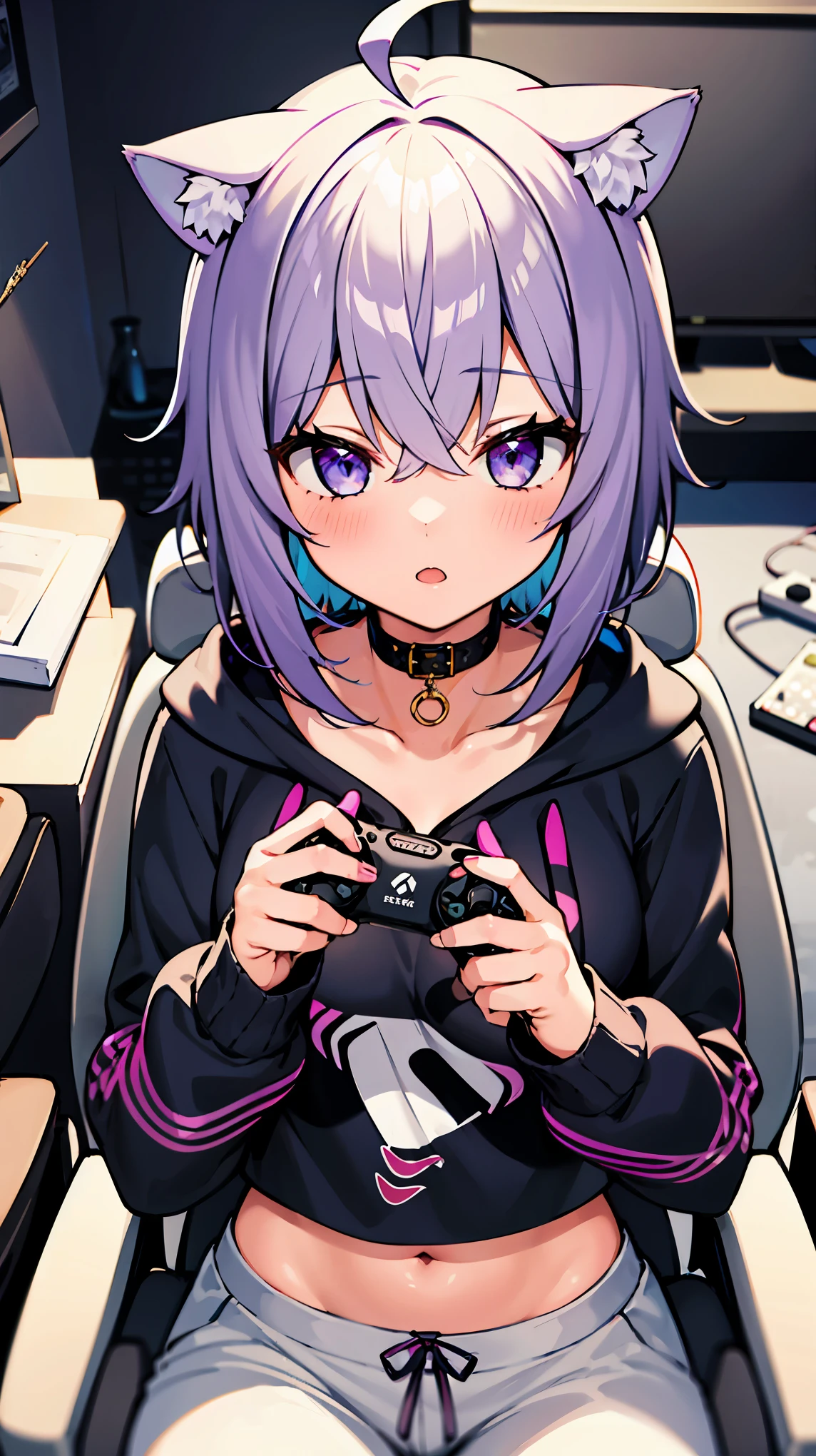 ((masterpiece, best quality, highres)), depth of field, 
BREAK, 1girl, gaming chair, sitting in a gaming hair, holding game controller,
BREAK, (indoors), pc, pc display,   
BREAK, aaokayu, short hair, ahoge, animal ears, cat tail, animal collar, black collar, collarbone, print hoodie, black hoodie, long sleeves, midriff, white pants,