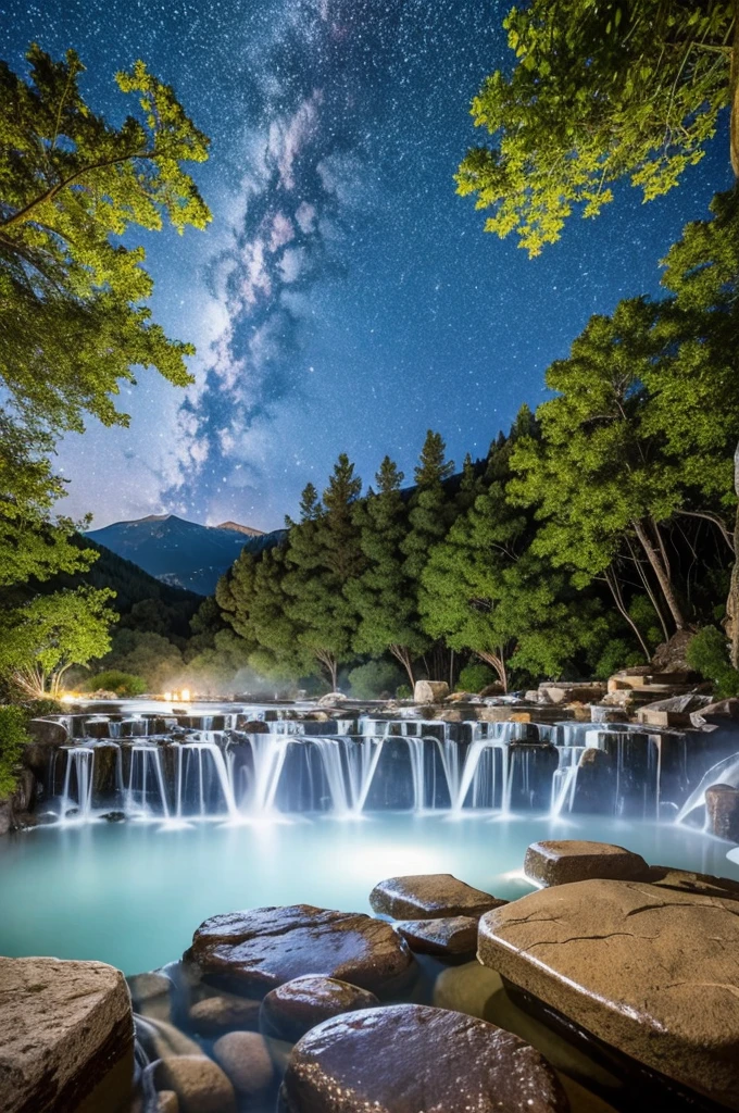 {high quality}, {nature bath}, {hot spring}, {open air bath}, view from below, {steam}, {stars shining}, tree behind, rock behind,