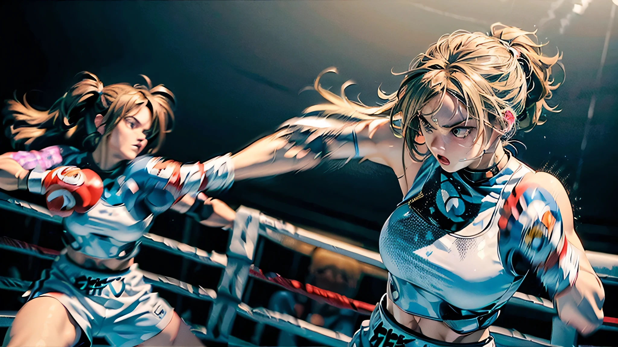 8k wallpaper of extremely detailed CG unit, ​masterpiece, hight resolution, top-quality, top-quality real texture skin,hyper realisitic, digitial painting,increase the resolution,RAW photosbest qualtiy,highly detailed,the wallpaper,two teen women,two teen women are hard pancing each other at boxing fight,2women,teen,cute,kawaii,hair floating,messy hair,blonde hair and dark hair,messy hair,pony tail hair and short hair,skin color white,eye color blue or dark,eyes shining,big eyes,breast,sports wear,angry face,punching each other,(boxing gloves:1.6),(dynamic pose:1.8),(dynamic angle:2.0),sweat, BREAK ,(motion blur on gloves:1.8),boxing ring,1referee,audiences,[nsfw:2.0],