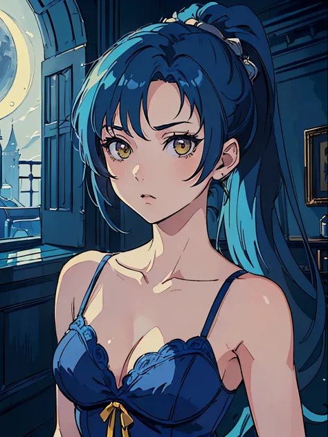 ((masterpiece, best quality)), ((anime girl in the castle hall, night, moonlight retro style)) (1girl, , portrait, close up), (s...