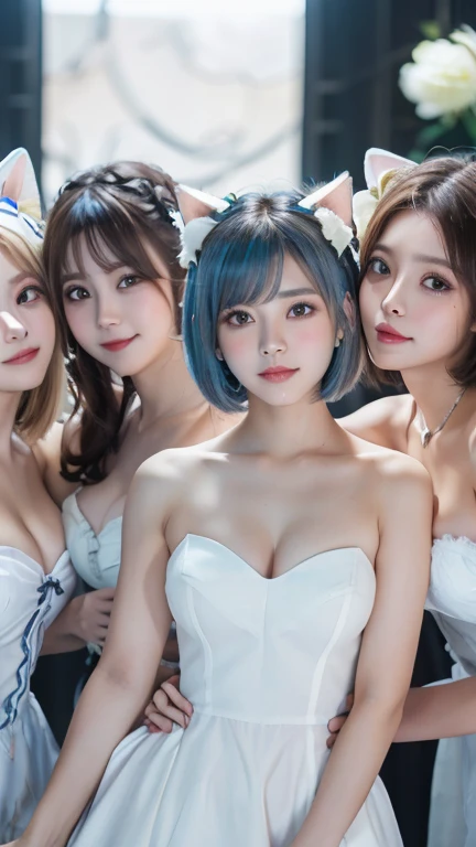 masterpiece, 4K, Bokeh, Beautiful Face, (Multiple Girls:1.4), Harem, (Group photo:1.2), (Cat ear:1.3), (blue medium bob hair:1.4), (White Theme:1.6), Looking at the audience, (White Rose:1.4), (White cafe background:1.5), (Cowboy Shot:1.4)，Wearing a see-through rubber dress、Ash gray hair color