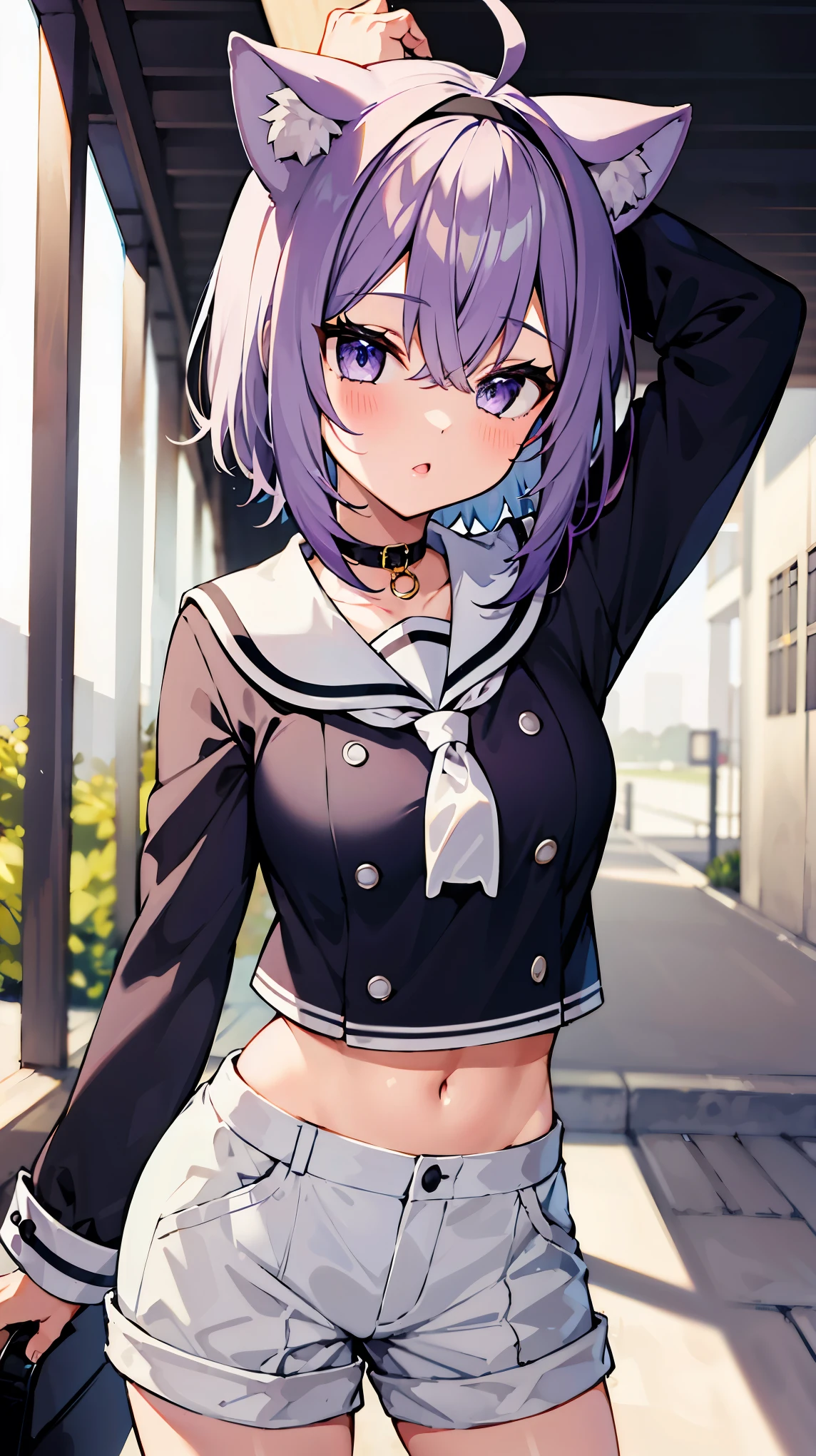 ((masterpiece, best quality, highres)), depth of field, 
BREAK, 1girl, standing,
BREAK, (outdoors),   
BREAK, aaokayu, short hair, purple hair, ahoge, black hairband, animal ears, cat tail, sailor collar, neckerchief, black shirt, midriff, button, white shorts,