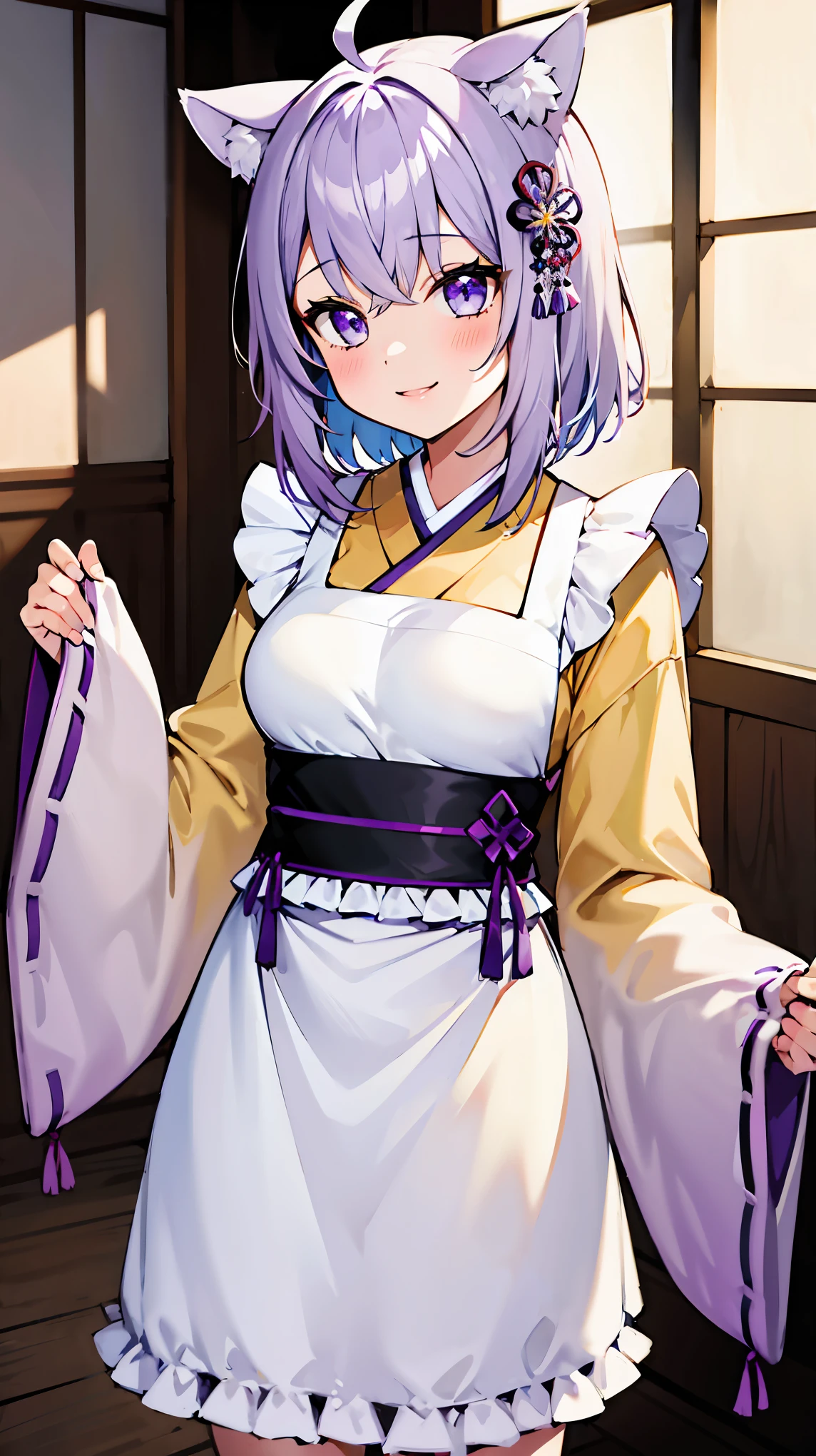 ((masterpiece, best quality, highres)), depth of field, 
BREAK, 1girl, standing, cowboy shot, smile, 
BREAK, (indoors),   
BREAK, aaokayu, short hair, ahoge, animal ears, hair ornament, cat tail, ribbon trim, japanese clothes, white kimono, white apron, frilled apron, sash, obi, purple skirt,