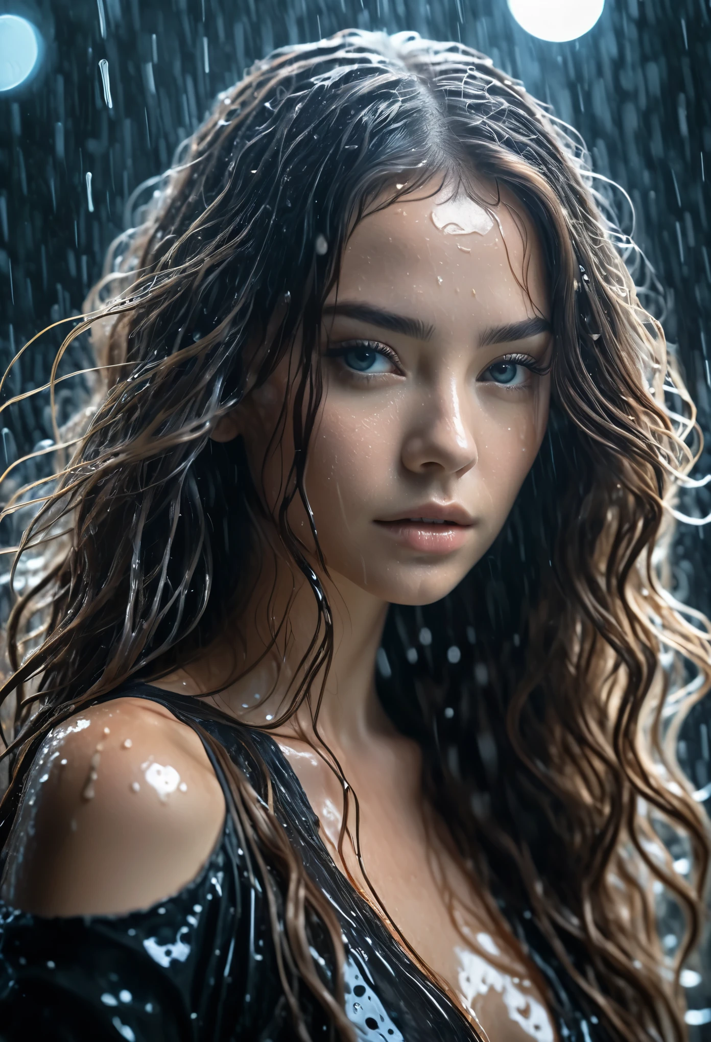 a beautiful young woman in black with long hair, in the style of textural layers, reefwave, light brown and light black, wet-on-wet blending, wavy, pop inspo, captivating gaze, dramatic cinematic lighting, photo realistic, cinematic, movie still, captured in the style of Sony Alpha A7 III camera