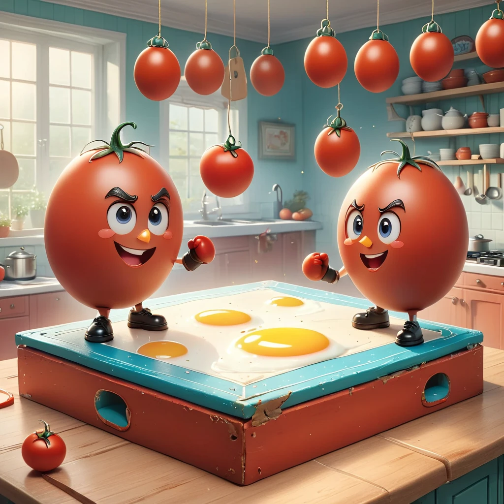 Imagine a whimsical scene where a charming egg and a plump tomato stand in a boxing ring, poised for a friendly bout. The egg, sporting miniature gloves and a determined smile, faces its opponent, the tomato, which wears its own set of gloves, its stem resembling a jaunty little hat. The ring is set in a kitchen-like arena, with utensils hanging on the walls and an audience of various fruits and vegetables cheering with childlike enthusiasm. The colors are vibrant and cartoonish, with exaggerated expressions and movements that capture the innocence of childhood and the spirit of camaraderie. The entire composition is lively and animated, as if the egg and tomato are not just food items, but beloved characters in their own right, engaging in a playful spar that symbolizes their unique friendship.