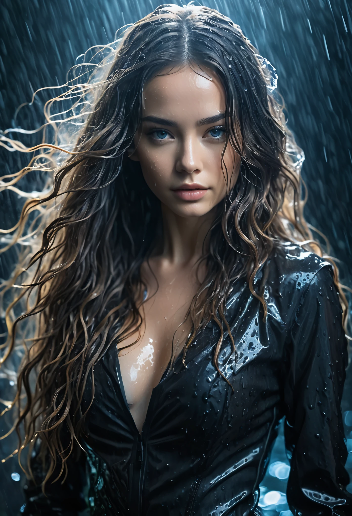 a beautiful young woman in black with long hair, in the style of textural layers, reefwave, light brown and light black, wet-on-wet blending, wavy, pop inspo, captivating gaze, dramatic cinematic lighting, photo realistic, cinematic, movie still, captured in the style of Sony Alpha A7 III camera