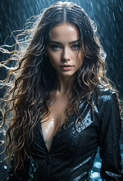 a beautiful young woman in black with long hair, in the style of textural layers, reefwave, light brown and light black, wet-on-...