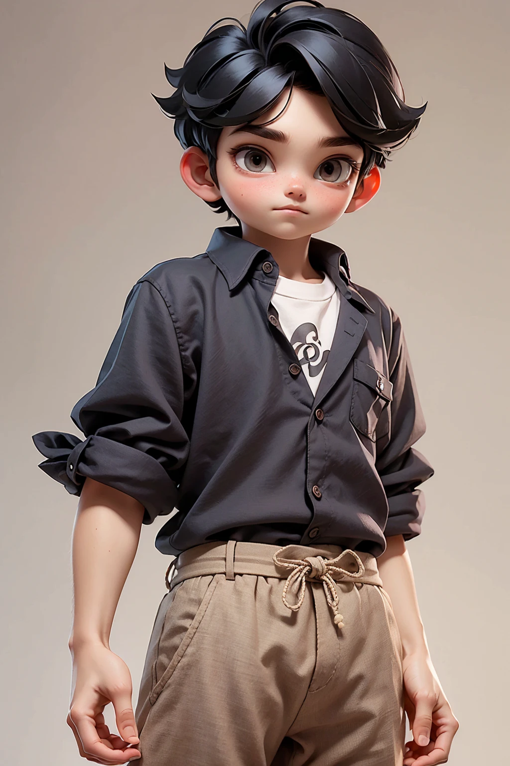 (masterpiece, best quality), 1 boy, Dark black short hair，smart，Crewneck shirt. Midi-length loose-fitting shirt in linen，Loose cotton and linen throuses, only, Looking at the camera casually，front，White background，whole body, full body.