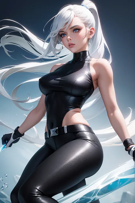 (Masterpiece, 4k resolution, ultra-realistic, very detailed) a superheroine, has ice powers, white hair ponytail, back midriff w...