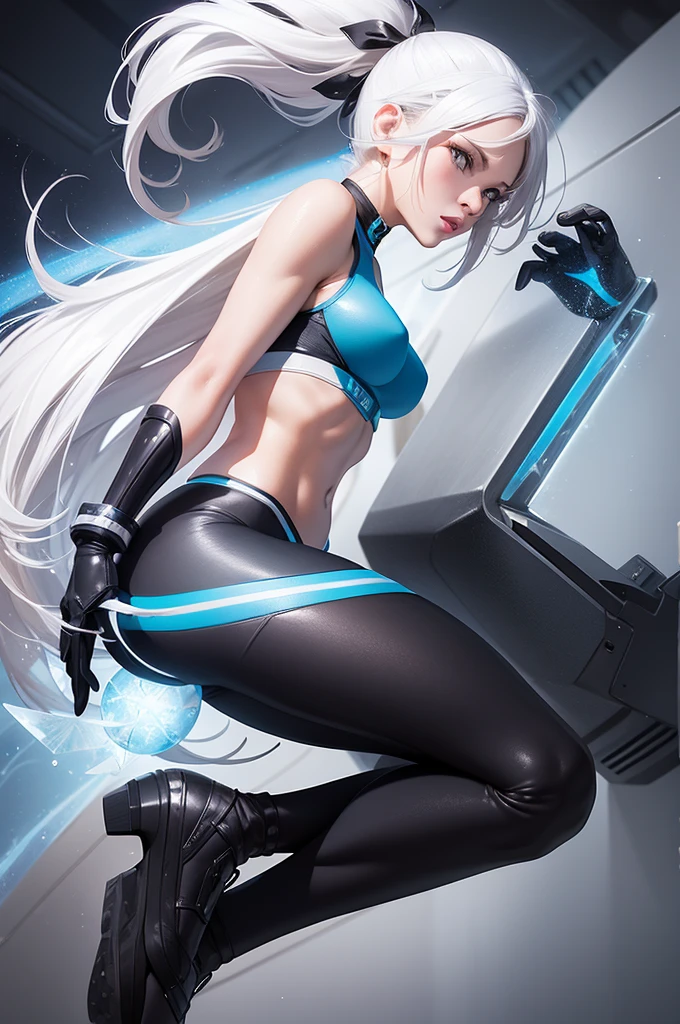 (Masterpiece, 4k resolution, ultra-realistic, very detailed) a superheroine, has ice powers, white hair ponytail, back midriff with blue outlines and a snowflake symbol on her right, has black gloves with fur on her the wrist part, wears black tight pants, with a blue belt, blue lines on the knee portrait photography by artgerm, in the style of realism, glistening skin, cartooncore, mangacore, natural lighting, Defined full lips. fitness feminine body