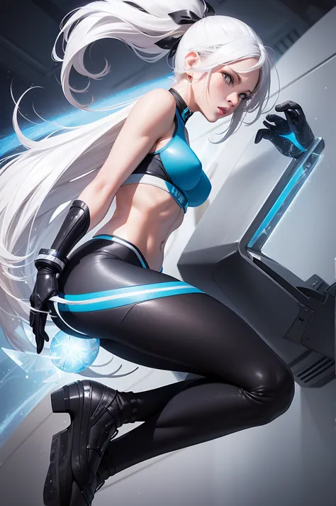 (Masterpiece, 4k resolution, ultra-realistic, very detailed) a superheroine, has ice powers, white hair ponytail, back midriff w...