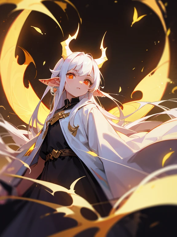 Young girl, Poor quality milk, With golden eyes that burn like fire, Small pointy ears like a fairy, Long, pure white hair fluttering in the wind, She has black dragon horns on her head, Magician&#39;s Dress, Wearing black lace gloves, Wide robe sleeves to hide hands, Gold pattern on the edge of the robe, Behind her is a black dragon&#39;s tail, Countless blood-red tentacles protrude from the sleeves of his suit., Behind the girl was the shadow of the god Cthulhu, And nearby、A large number of dense tentacles with eyes and flames flew around the girl.。