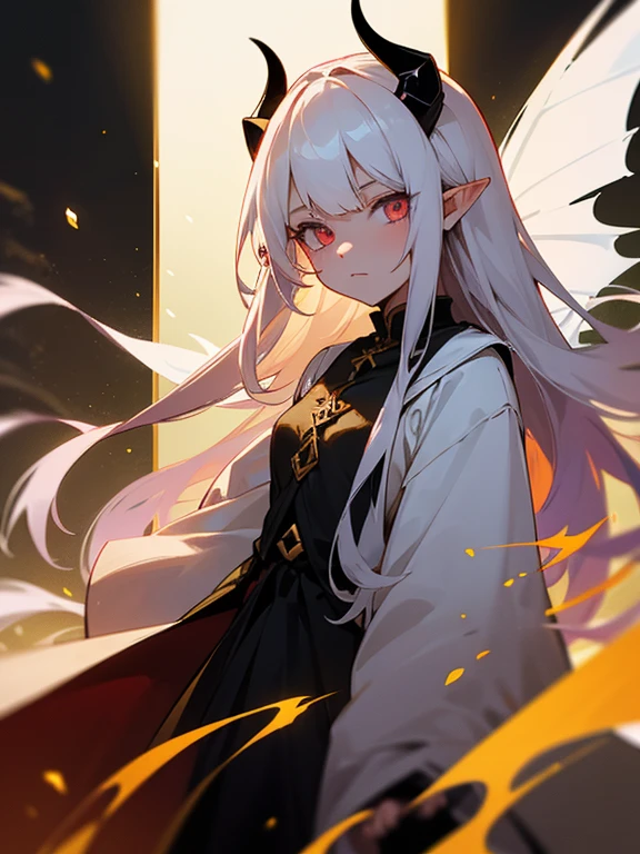 Young girl, Poor quality milk, With golden eyes that burn like fire, Small pointy ears like a fairy, Long, pure white hair fluttering in the wind, She has black dragon horns on her head, Magician&#39;s Dress, Wearing black lace gloves, Wide robe sleeves to hide hands, Gold pattern on the edge of the robe, Behind her is a black dragon&#39;s tail, Countless blood-red tentacles protrude from the sleeves of his suit., Behind the girl was the shadow of the god Cthulhu, And nearby、A large number of dense tentacles with eyes and flames flew around the girl.。