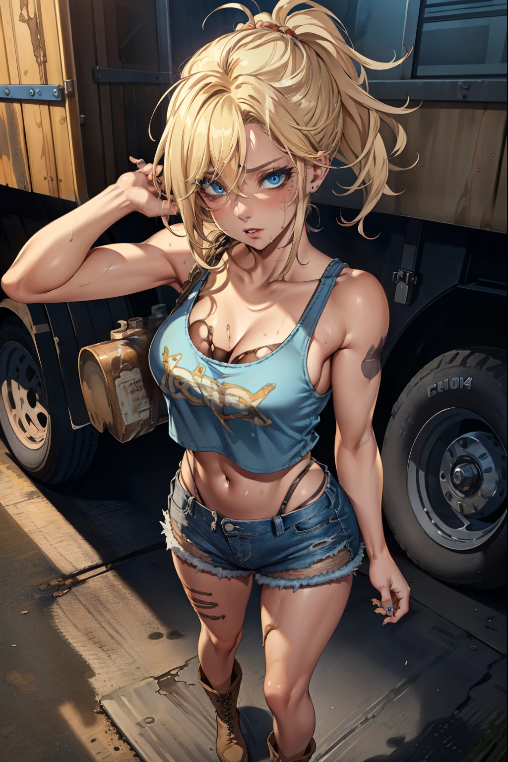 blue eyes, blonde hair, ruined makeup, (extremely detailed CG unity 4k wallpaper),(masterpiece),(best quality),(ultra-detailed),(best illustration),(best shadow),(absurdres),(detailed background), Trailer park trash, Short blonde hair (very Messy), Croptop tank top (filthy), denim short skirt (filthy), Cowgirl boots, Drunk expression, Standing in front of trailer, Bottle in hand,